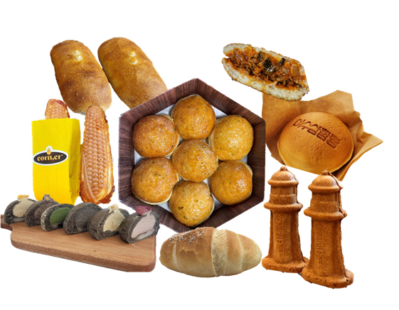 여수 특화빵-가운데 갓버터도나스, 좌측 상단부터 시계방향으로 옥수수 치아바타, 삼합빵, 하멜등대빵, 옥수수소금빵, 몽돌크림빵, 옥수수빵