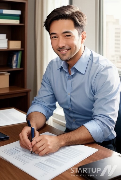 AI 챗봇 ‘아숙업(AskUp)’이 “열심히 일하는 40대 남자 변리사의 모습"을 그린 이미지