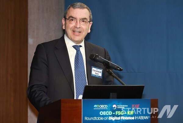 까르미네 디 노이아 OECD 재무기업국장이 18일 오전 서울 중구 은행회관에서 개최한 한국-OECD 디지털금융 라운드테이블에서 개회사하고 있다.