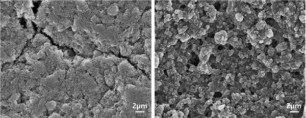 RP vs 상용 바인더 배터리 안정성 비교 - 상용 바인더(왼쪽)와 CRP(오른쪽)를 적용한 리튬-황 바카라사이트의 충ㆍ방전 후 전자현미경 모습. 상용 바인더에서는 갈라짐 현상이 나타나지만, CRP 활용 배터리에서는 특별한 변화가 나타나지 않고 안정적인 구조를 유지했다.