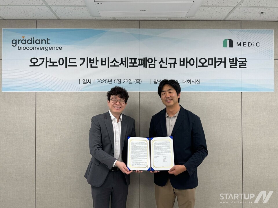 (왼쪽부터)그래디언트 바카라 대박 디시 이진근 대표와 메딕 라이프 사이언스 한규호 대표는 지난 22일 그래디언트 바카라 대박 디시 대회의실에서 오가노이드 기반 비소세포폐암 신규 바이오마커 발굴을 위한 업무협약을 체결했다.