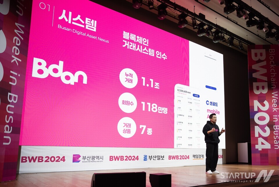 김상민 부산디지털자산메이저 놀이터 순위(Bdan) 대표가 지난해 10월 부산에서 개최된 ‘BWB2024’에서 센골드 플랫폼 인수 계획을 발표하고 있다